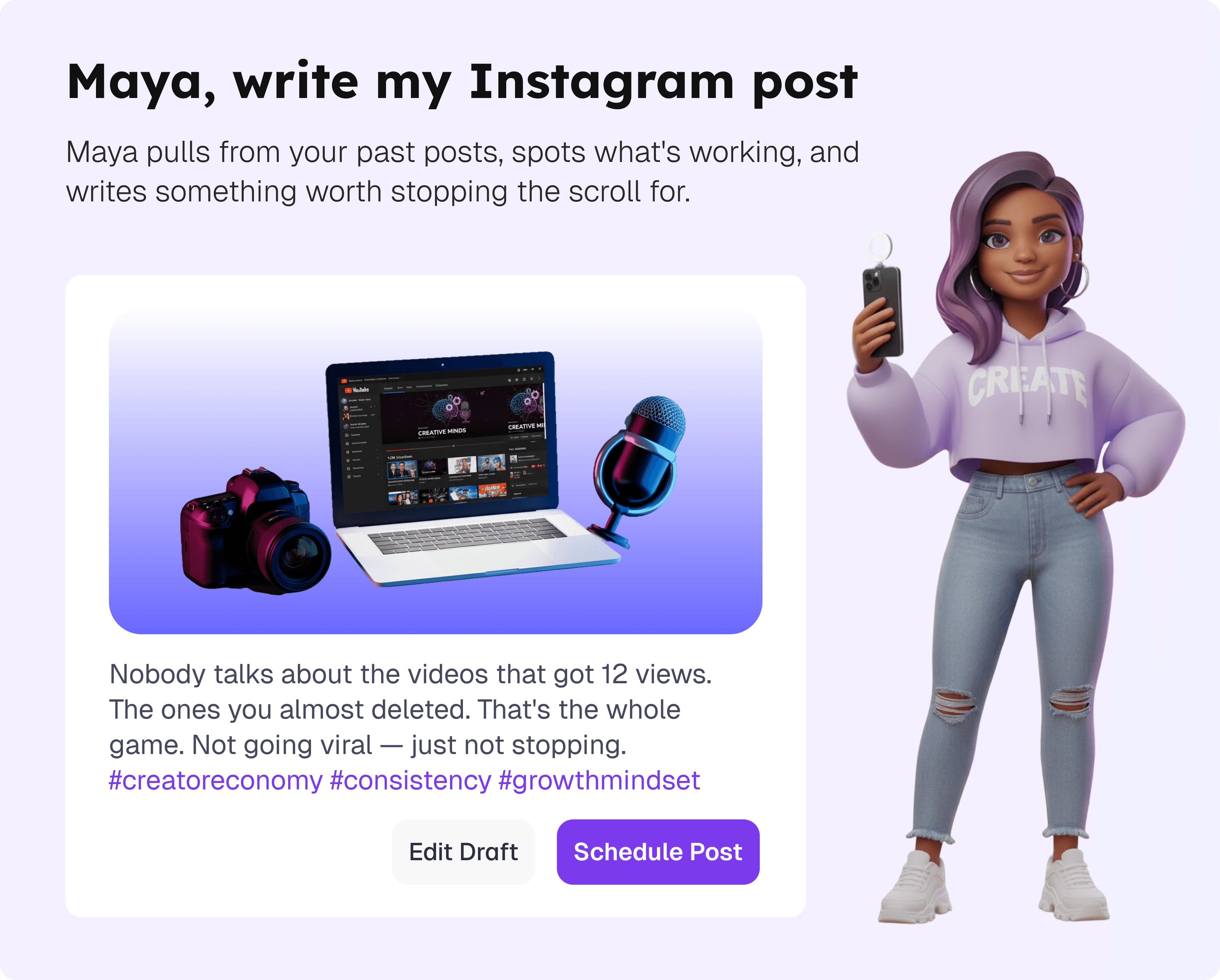 Content creator filming while AI specialists handle distribution across platforms