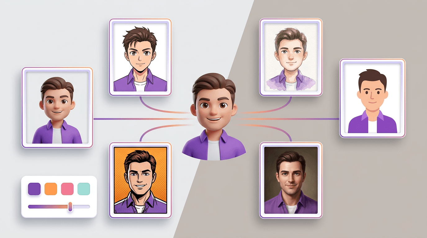 Flockx Avatar Studio showing a gallery of custom AI team member portraits in 3D, anime, watercolor, and comic-book art styles next to a builder panel with trait controls