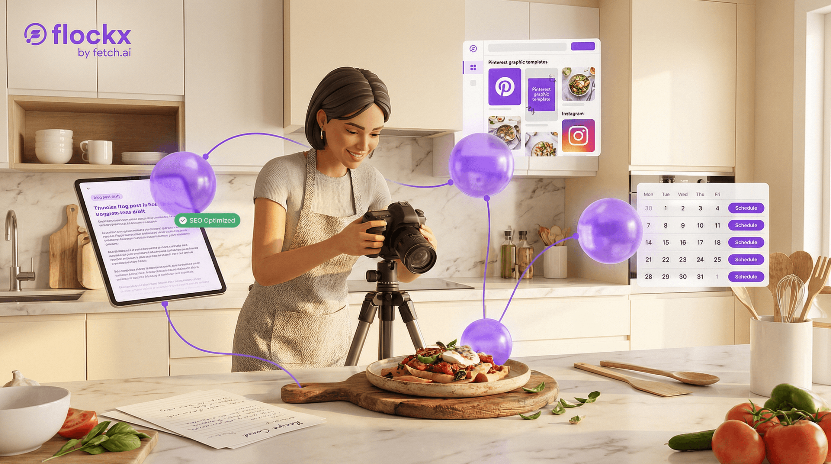 Food blogger case study - Sarah in her kitchen photographing food while AI team helps with content creation, SEO, and social media
