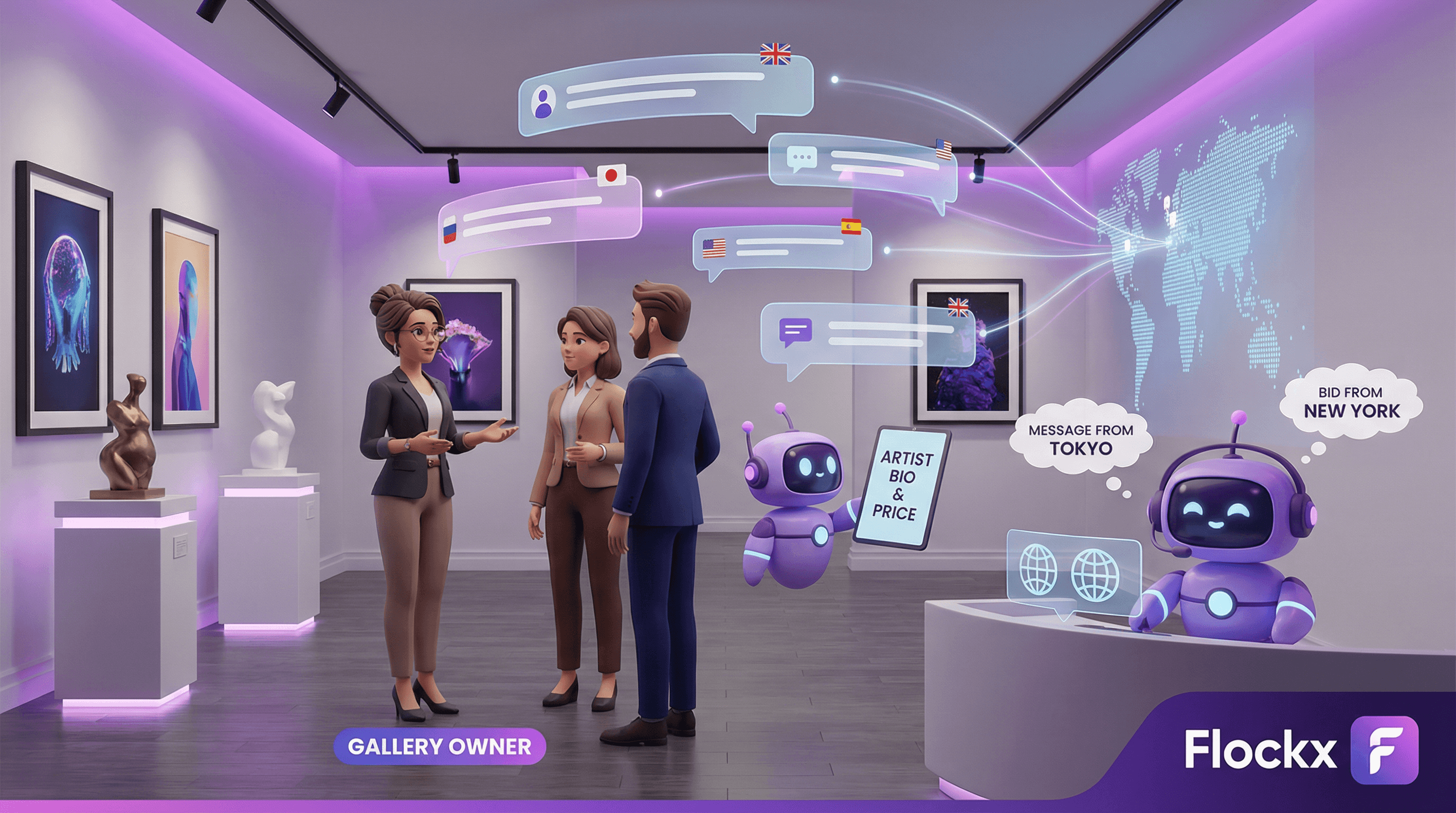 Maya's Art Gallery Case Study - Gallery owner with AI team engaging collectors worldwide