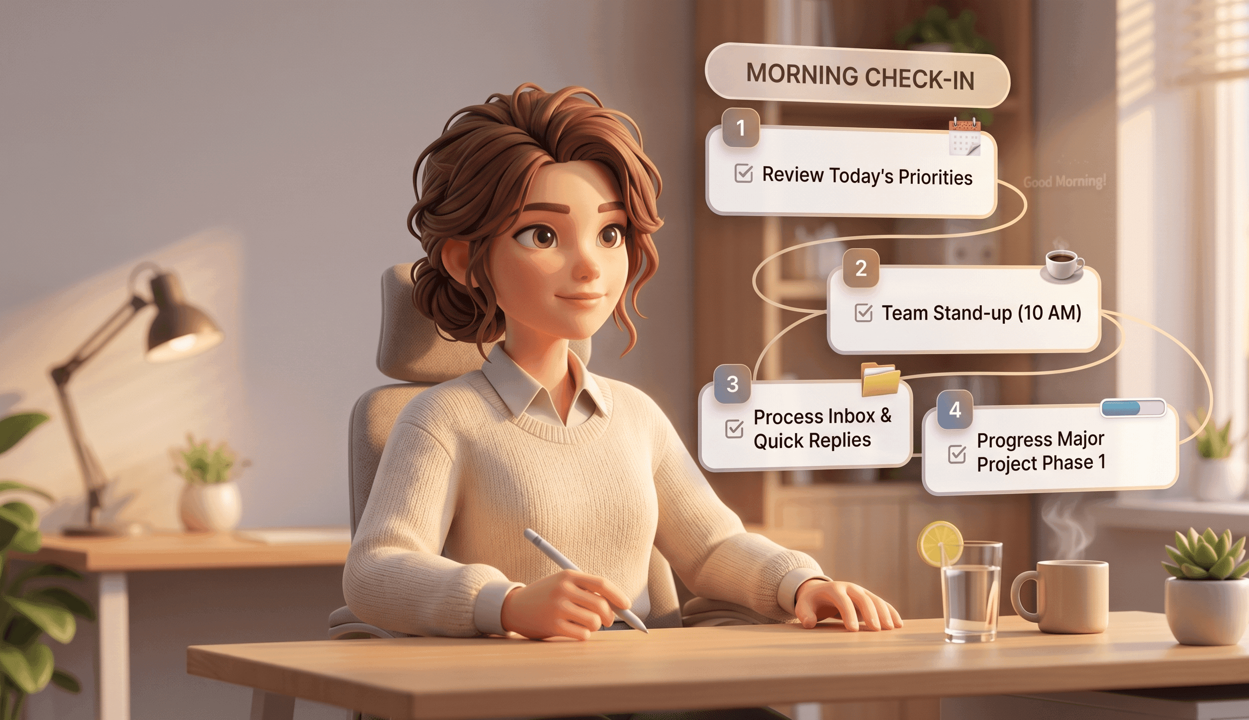 Sage delivers a morning brief in chat: three prioritized Rundown items, each with a one-line reason, lit by warm morning light