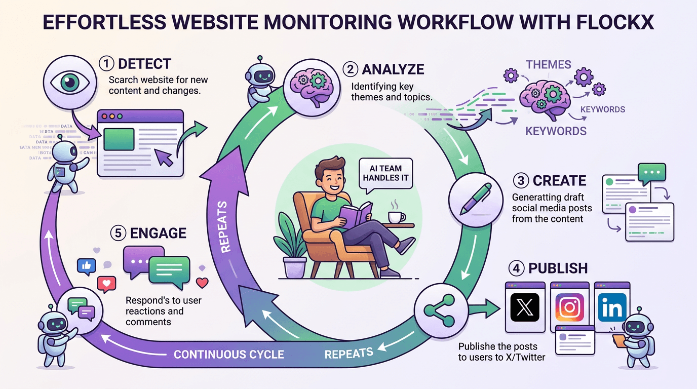 Website monitoring workflow cycle: detect new content, analyze key themes, create social media posts, publish to X/Twitter, Instagram, and LinkedIn, engage with reactions and comments, then repeat.