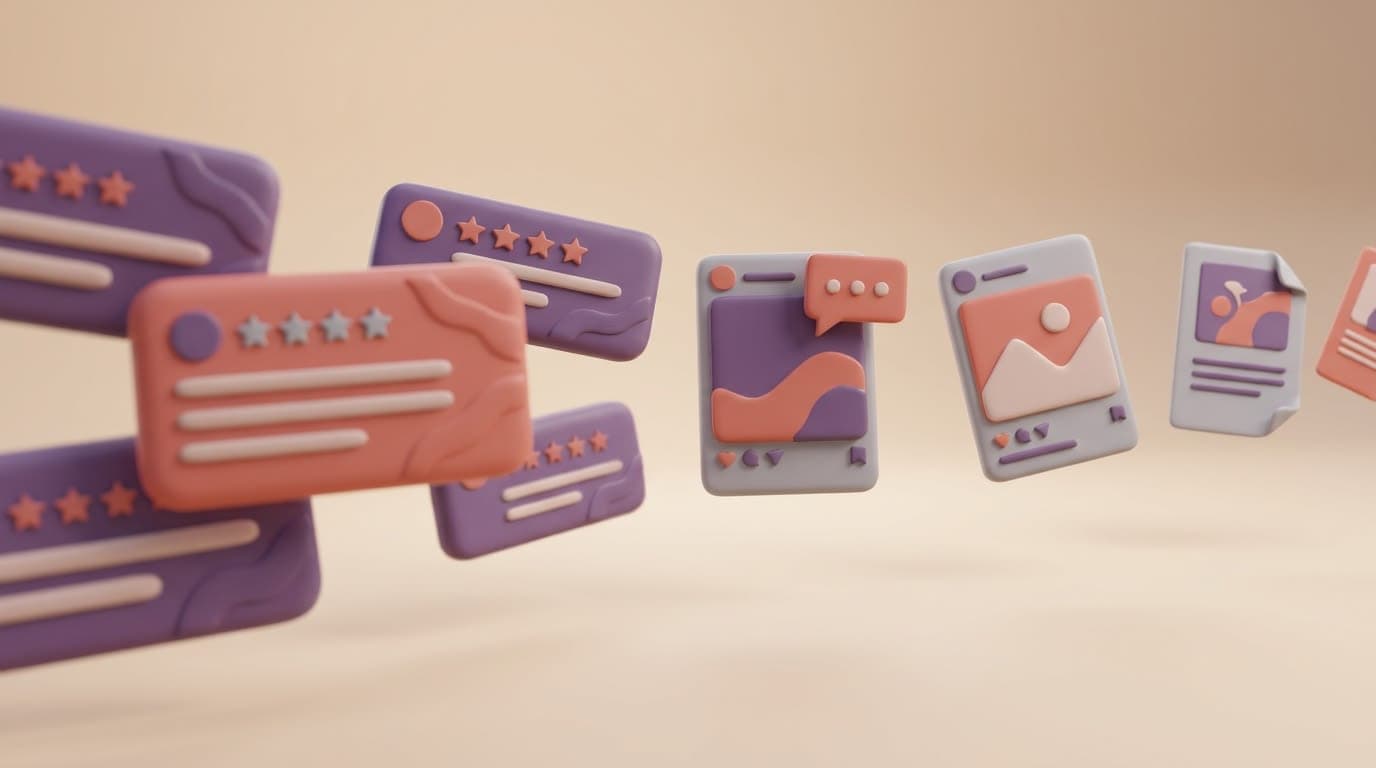 Soft 3D illustration of Google Business Profile reviews with star ratings and reply indicators