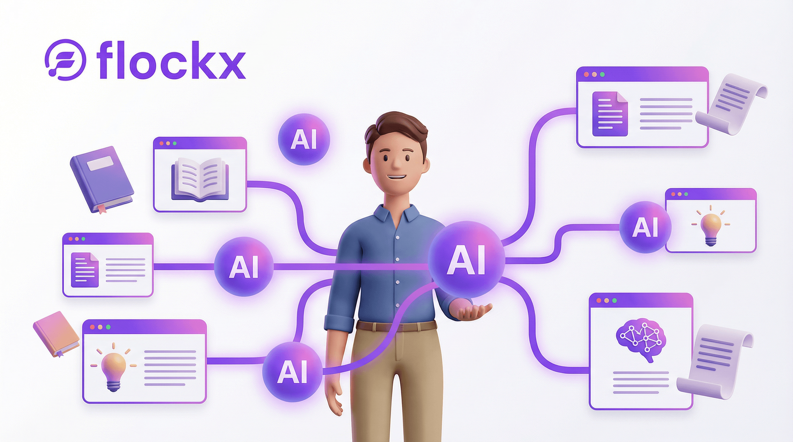 The Future of Knowledge Sharing - Creative professional surrounded by AI team members sharing knowledge through flowing data streams