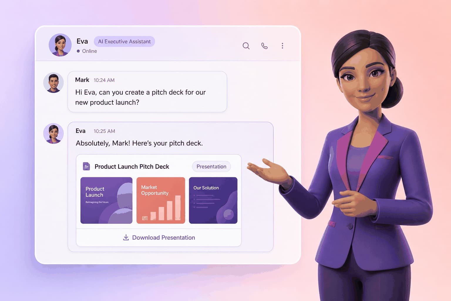 A chat conversation showing a presentation artifact card with slide thumbnails, alongside Eva the AI Executive Assistant
