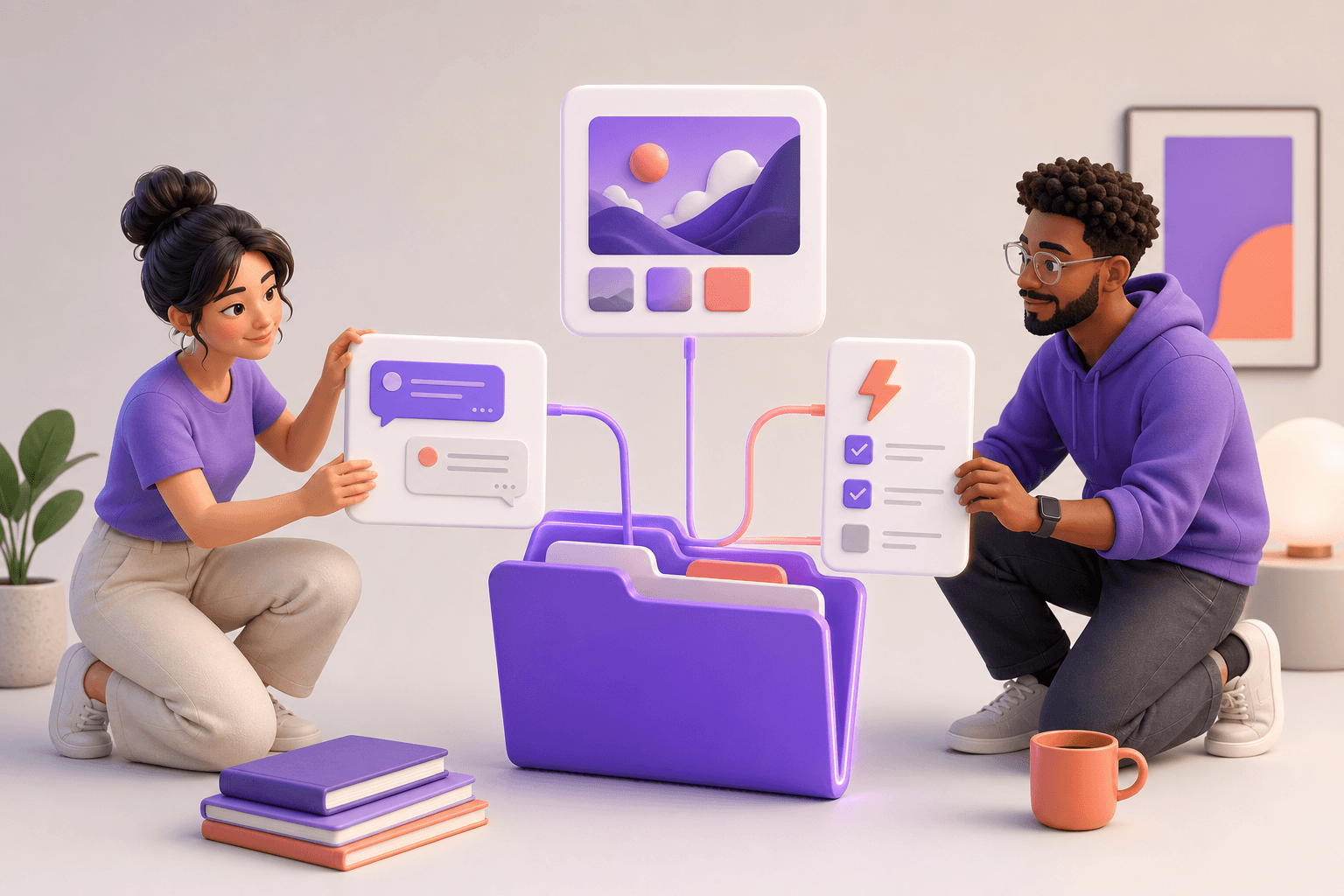 A creative team arranging chats, creations, and automations into a single project space