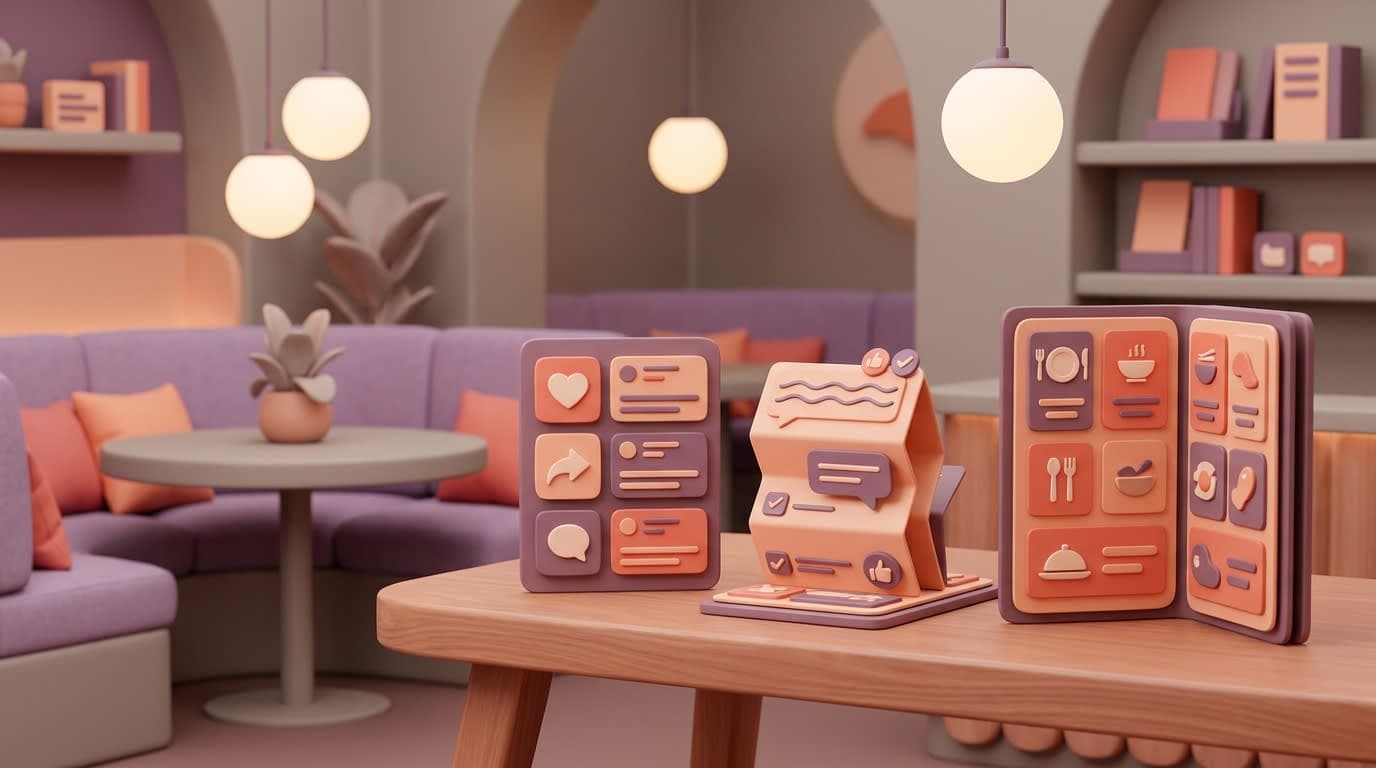 Soft 3D illustration of a restaurant with active social media presence and answered reviews