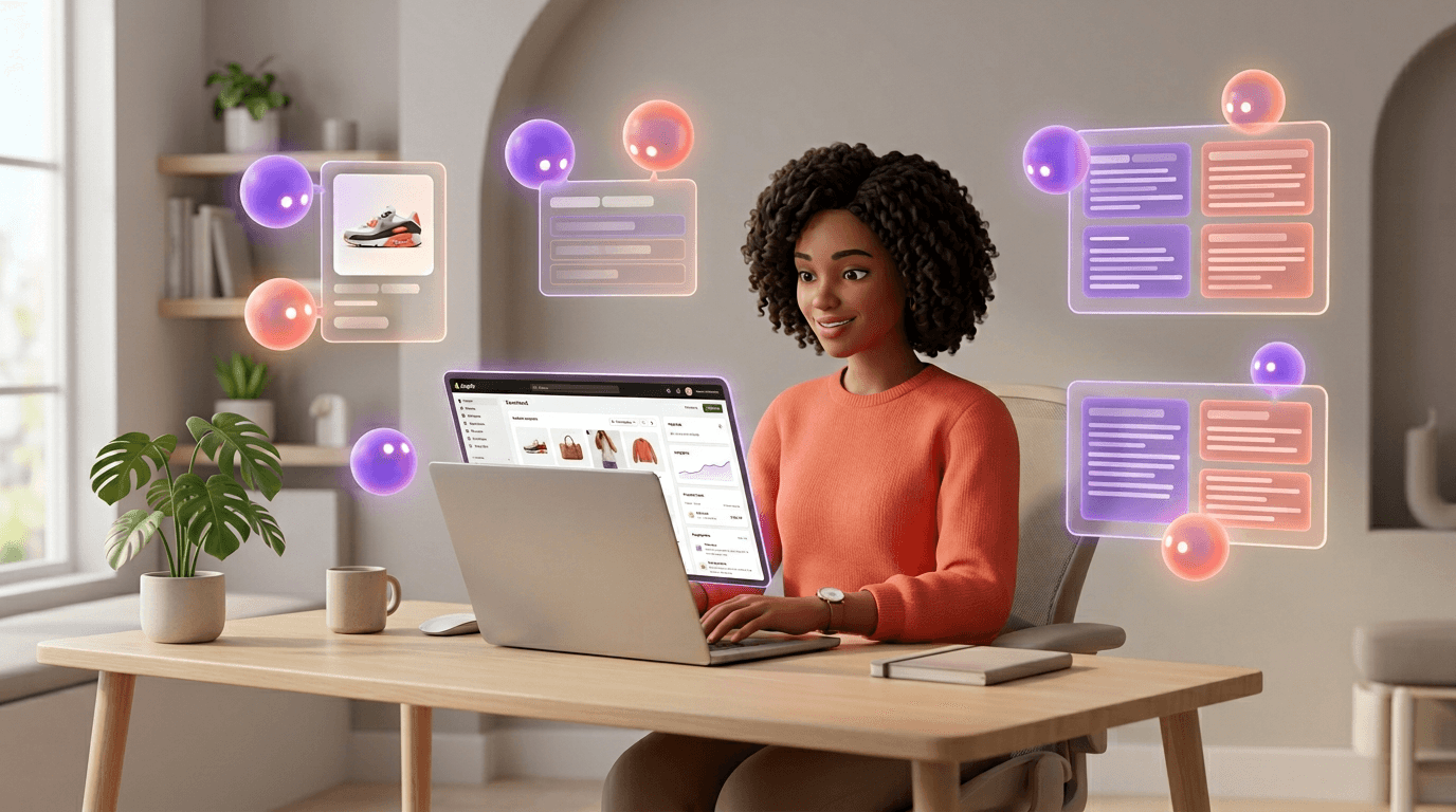 Creator configuring their Shopify store while AI orbs examine product data and structured information
