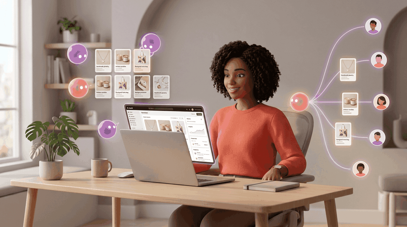 A soft 3D illustration of an AI team working at a storefront, arranging product cards and broadcasting to user avatars connected by glowing lines