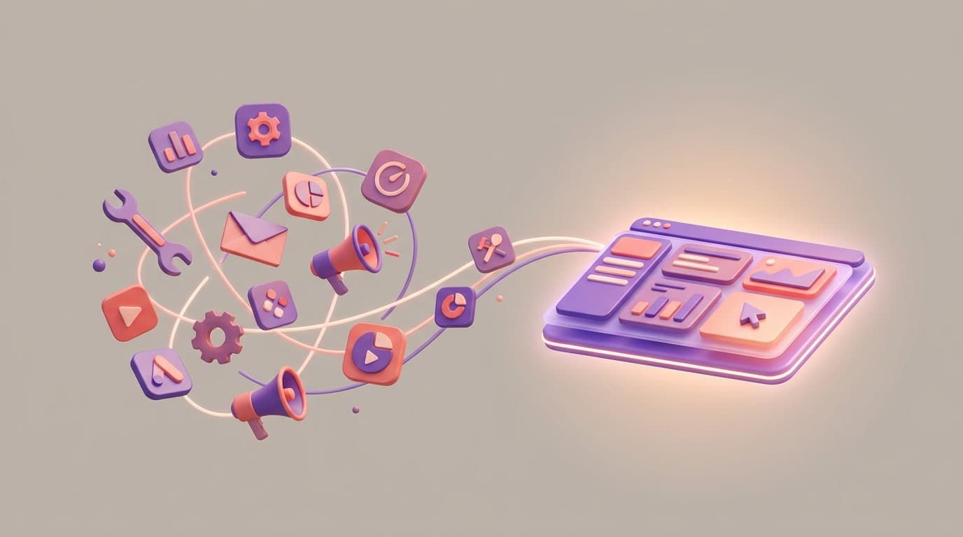 Soft 3D illustration of multiple content tools being consolidated into one unified platform