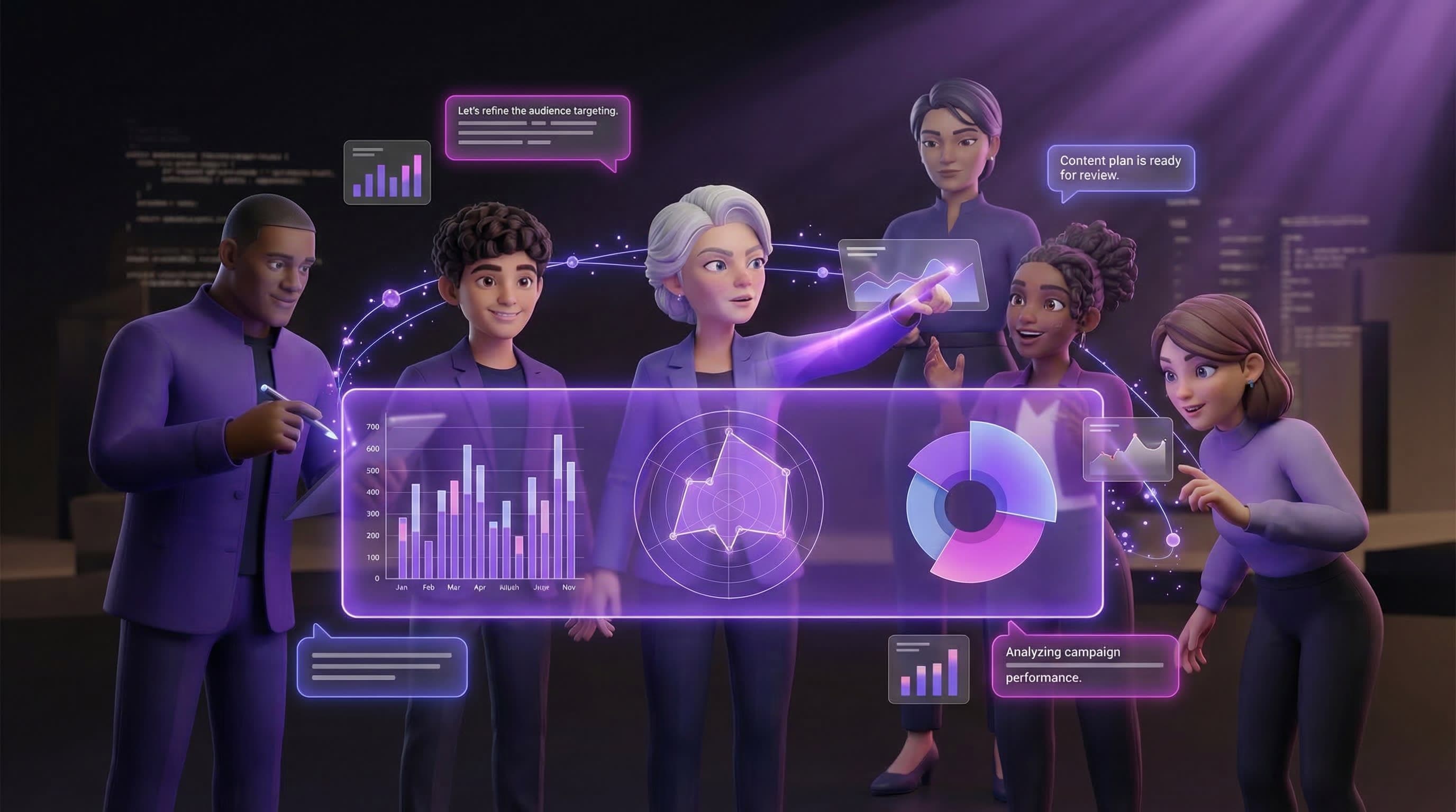 AI team gathered around a holographic display showing interactive charts, radar plots, and data visualizations