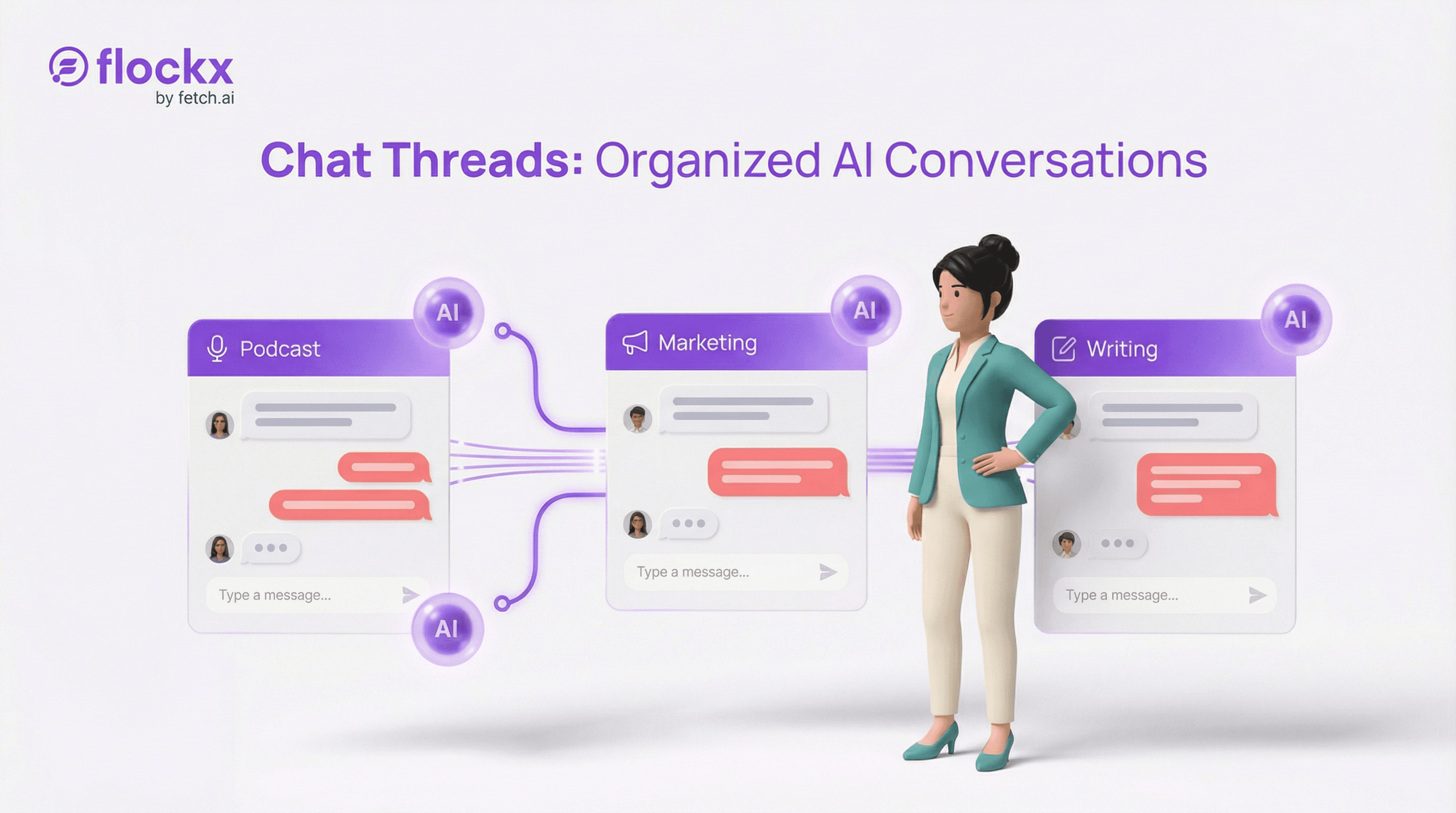 Chat Threads - Organized AI conversation threads for different projects like Podcast, Marketing, and Writing