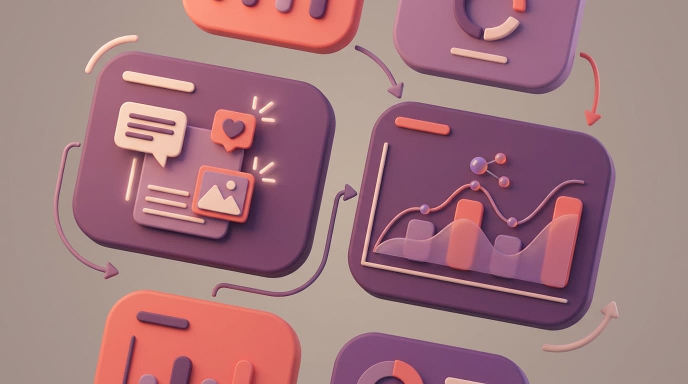 Soft 3D illustration of a dashboard showing competitor content performance with charts and comparisons