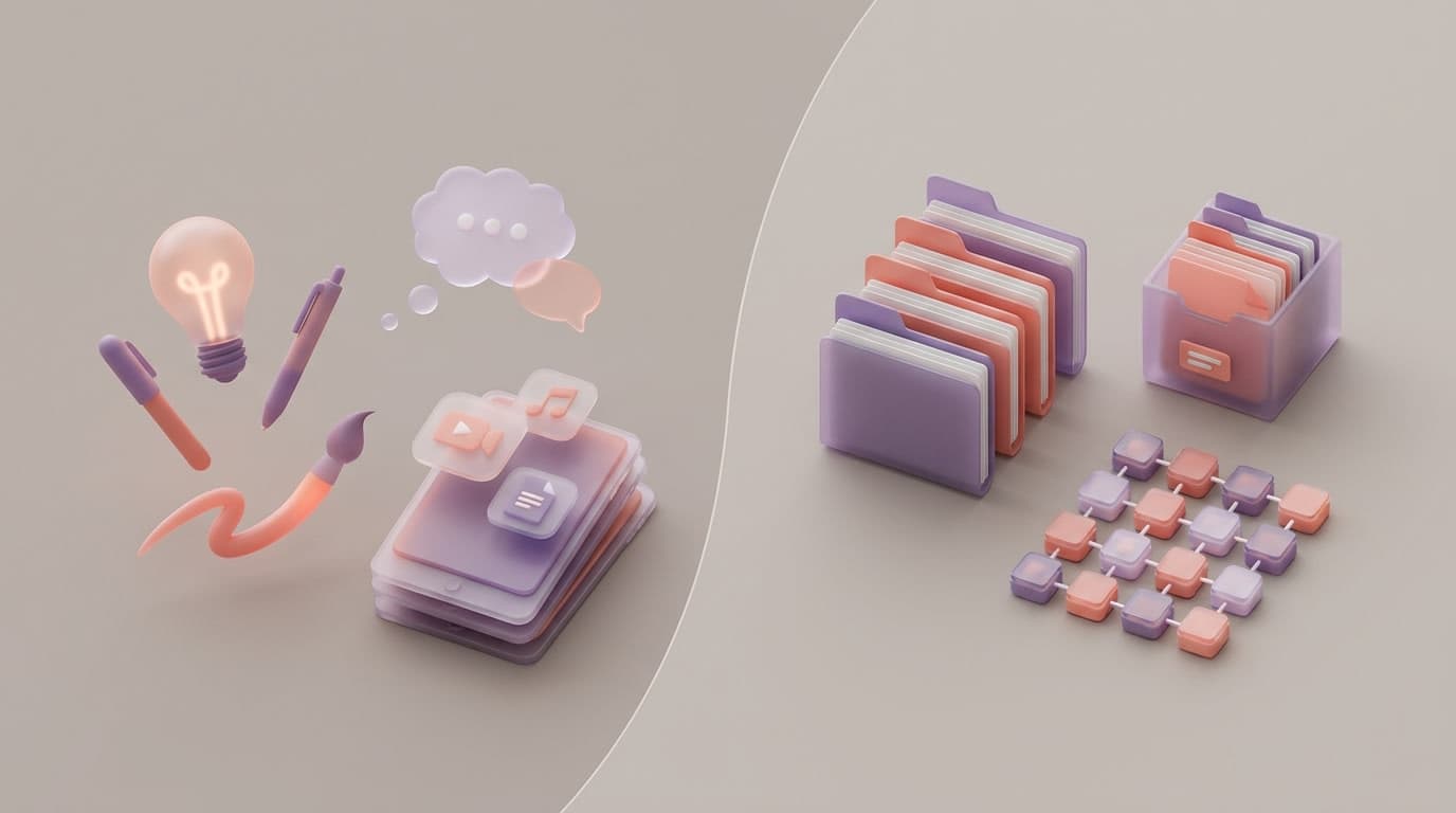 Soft 3D illustration showing the content pipeline from creation to publishing to analytics