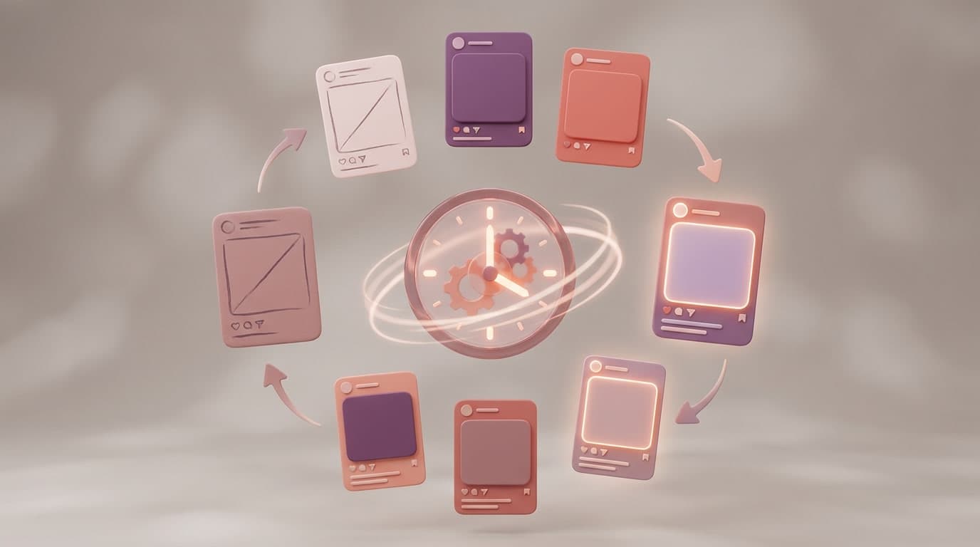 Soft 3D illustration of content iteration cycle with multiple draft versions and a clock