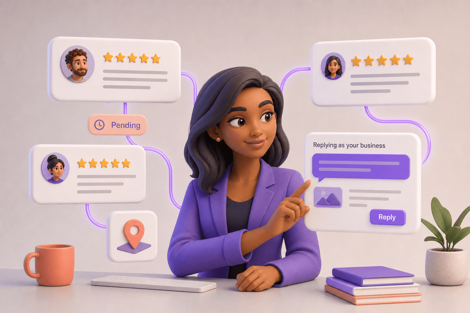 Soft 3D illustration of managing Google Business Profile reviews with star ratings and reply UI