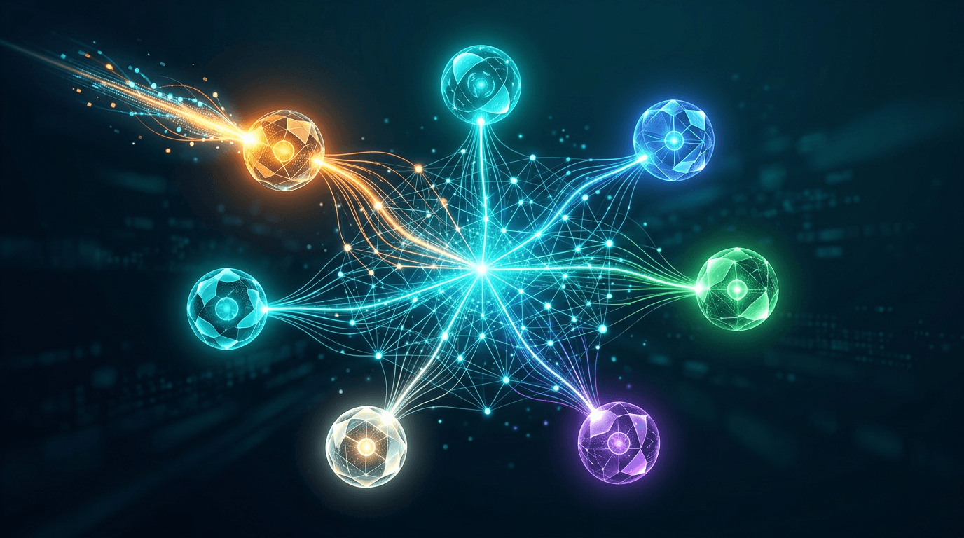 Six distinct AI team members represented as glowing orbs connected to a shared knowledge structure, with one receiving a new update that flows to all others
