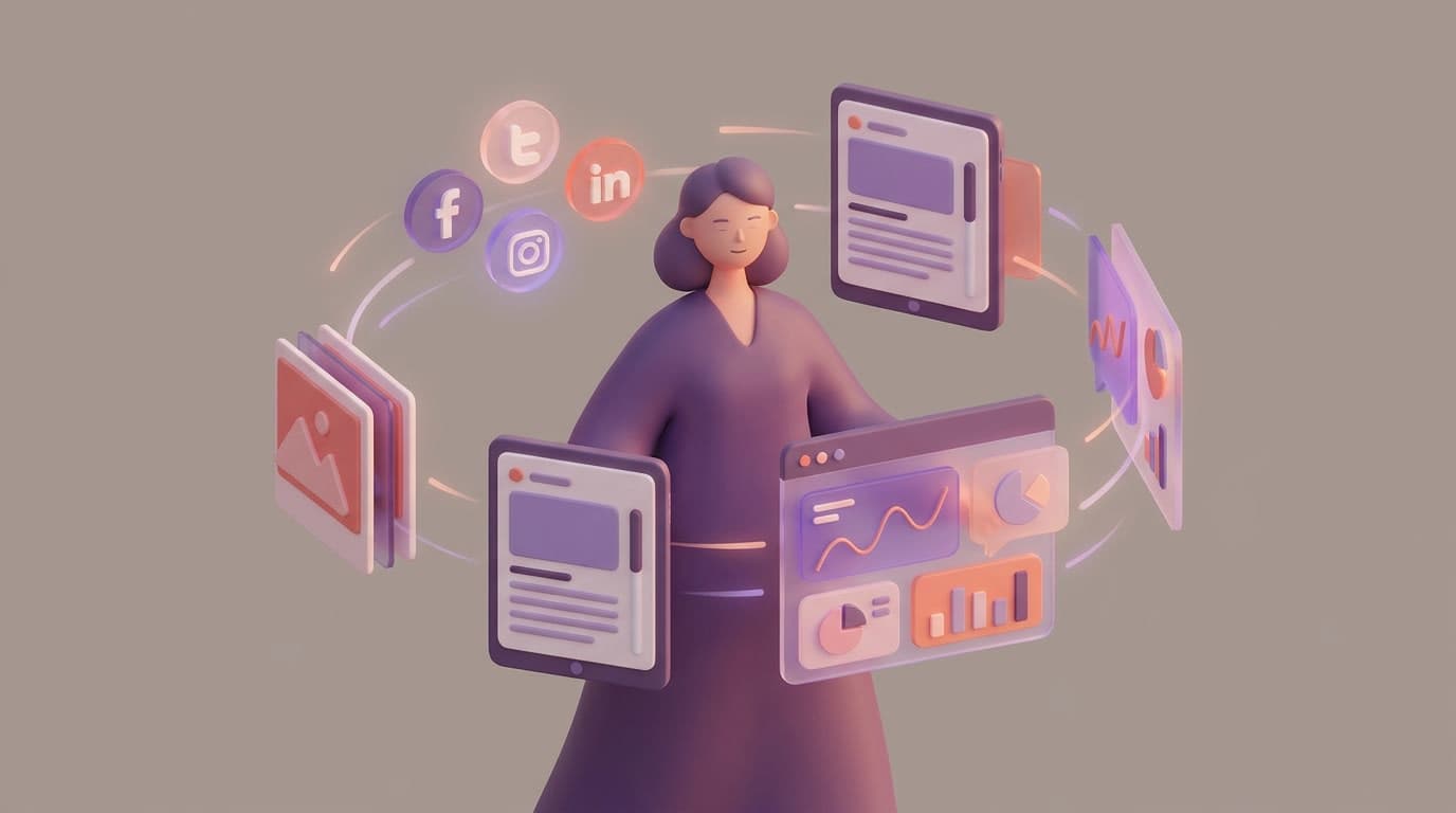 Soft 3D illustration of a single person running a content operation with multiple specialized roles