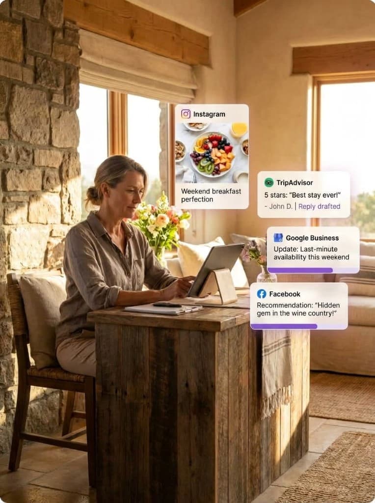 Guest house owner reviewing scheduled Instagram, TripAdvisor, Google Business and Facebook content on a tablet