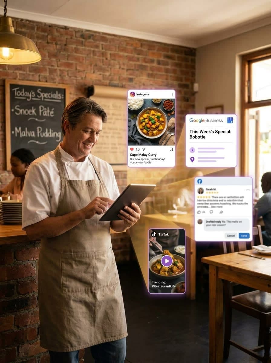 Restaurant owner reviewing scheduled Instagram, Google Business, Facebook and TikTok content on a tablet