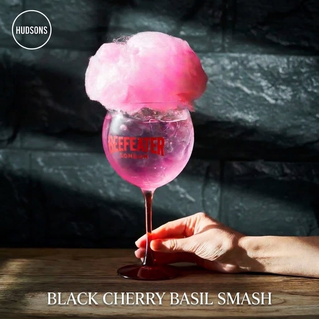 Hudsons Black Cherry Basil Smash cocktail, styled for Instagram