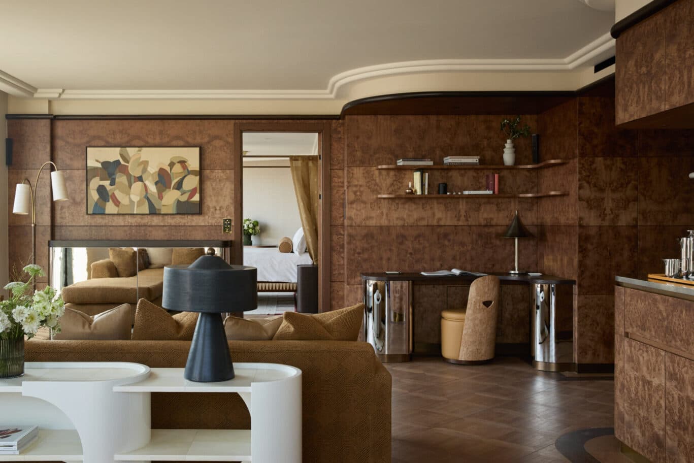 Penthouse living room with curved sectional sofa