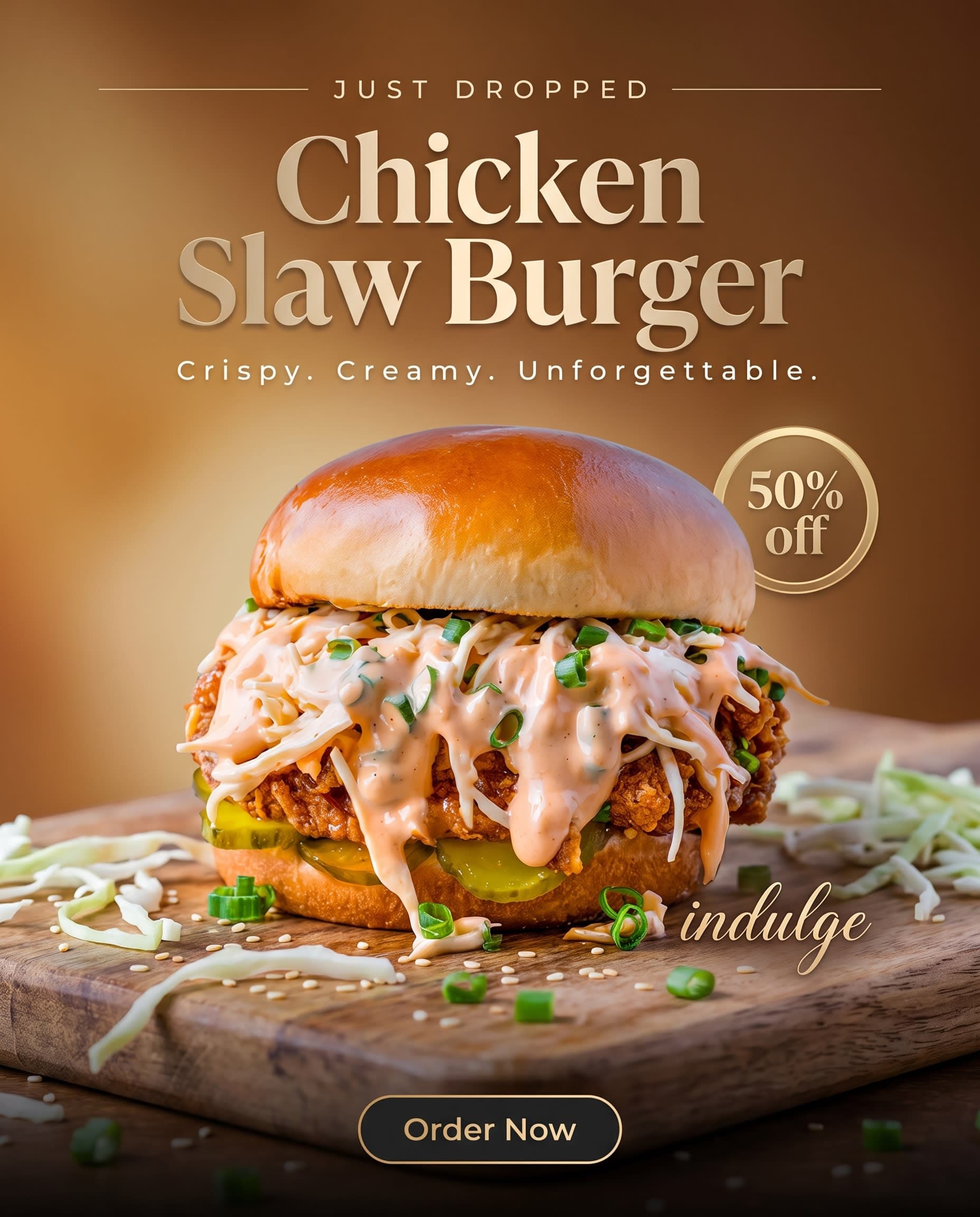 Vertical launch promo with the burger under a bold headline badge