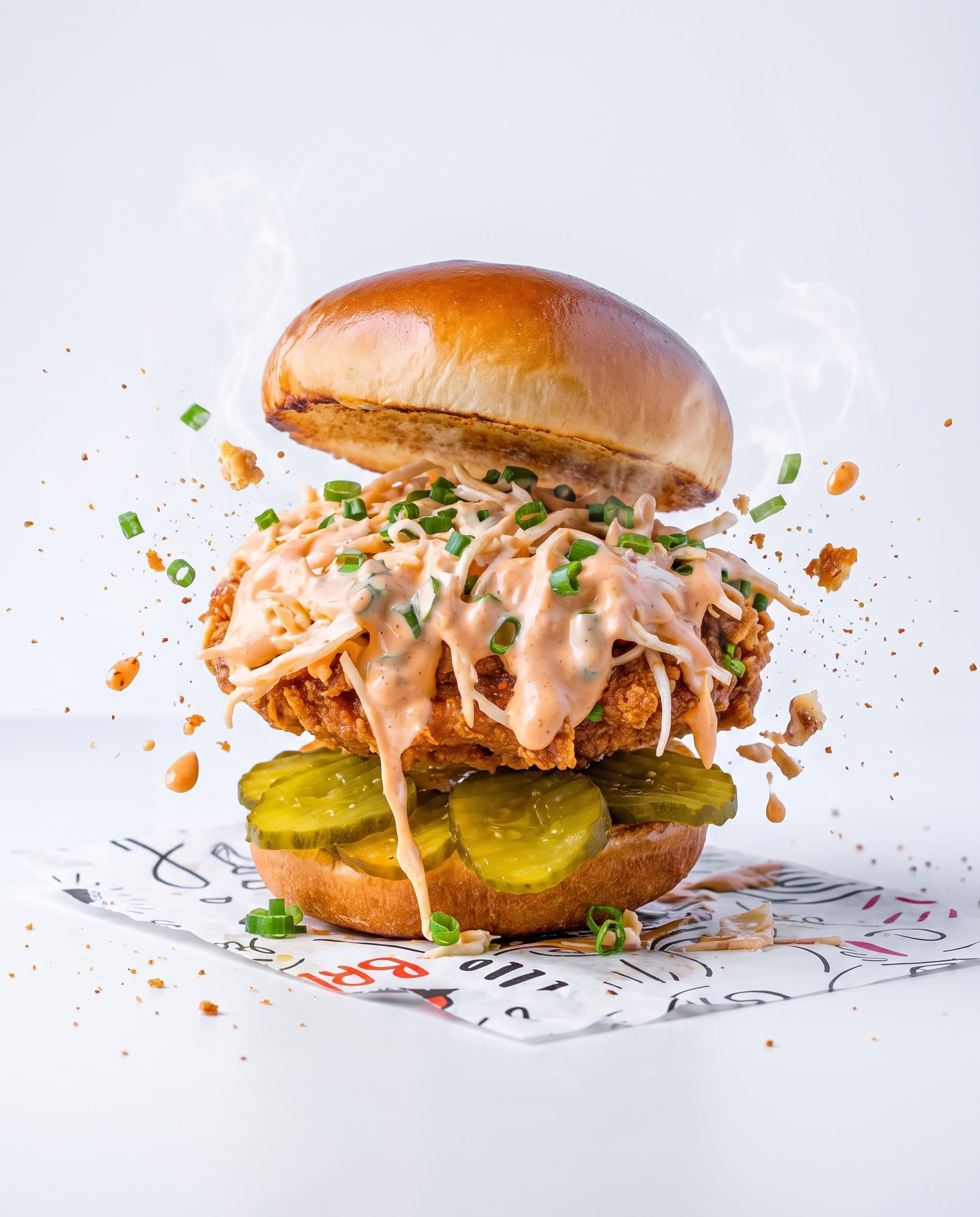 The burger floating mid-air against a clean white background, crumbs and garnish suspended around it