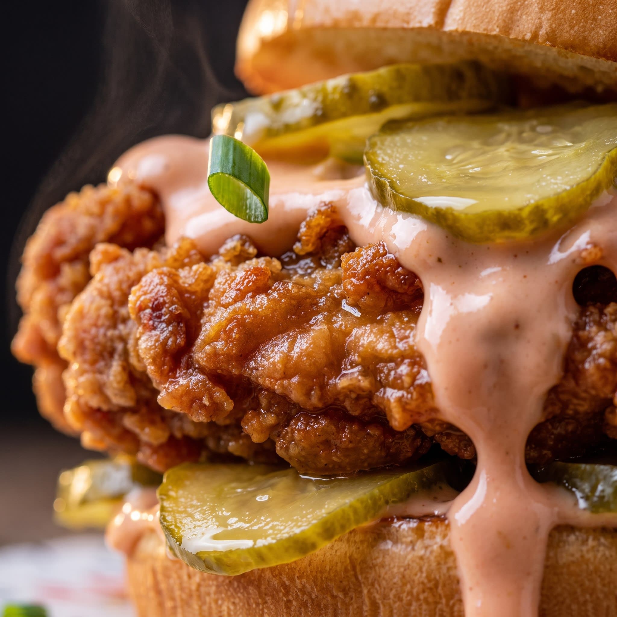 Extreme close-up of the burger with sauce dripping down the sides