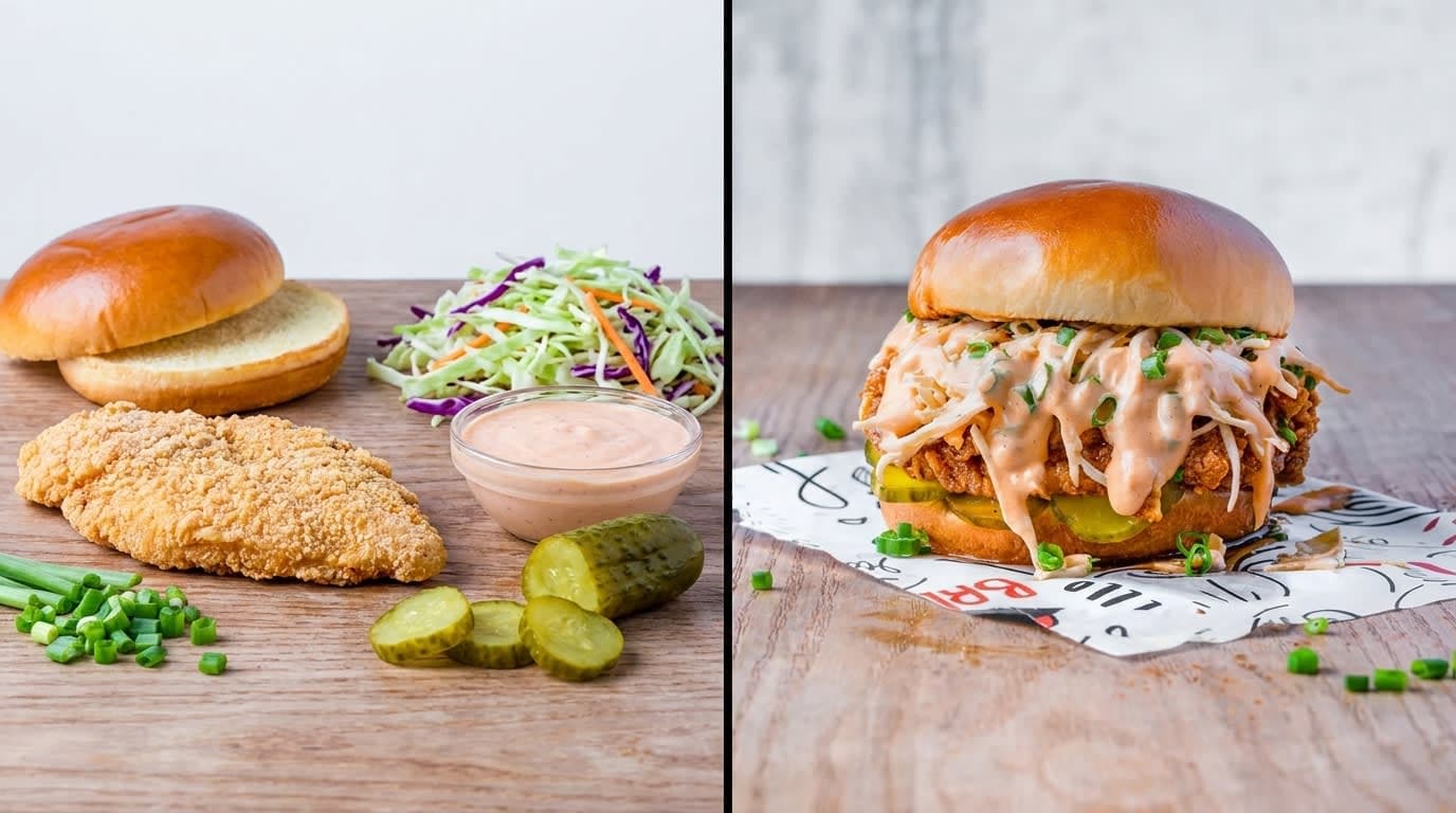 Widescreen split image showing the raw ingredients on the left and the assembled burger on the right