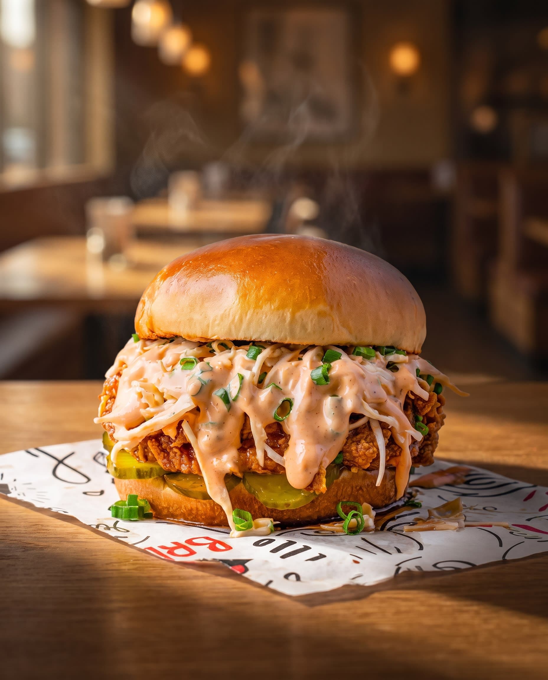 Moody in-house shot of the burger on a dark table with fries and dip, lit like a film still
