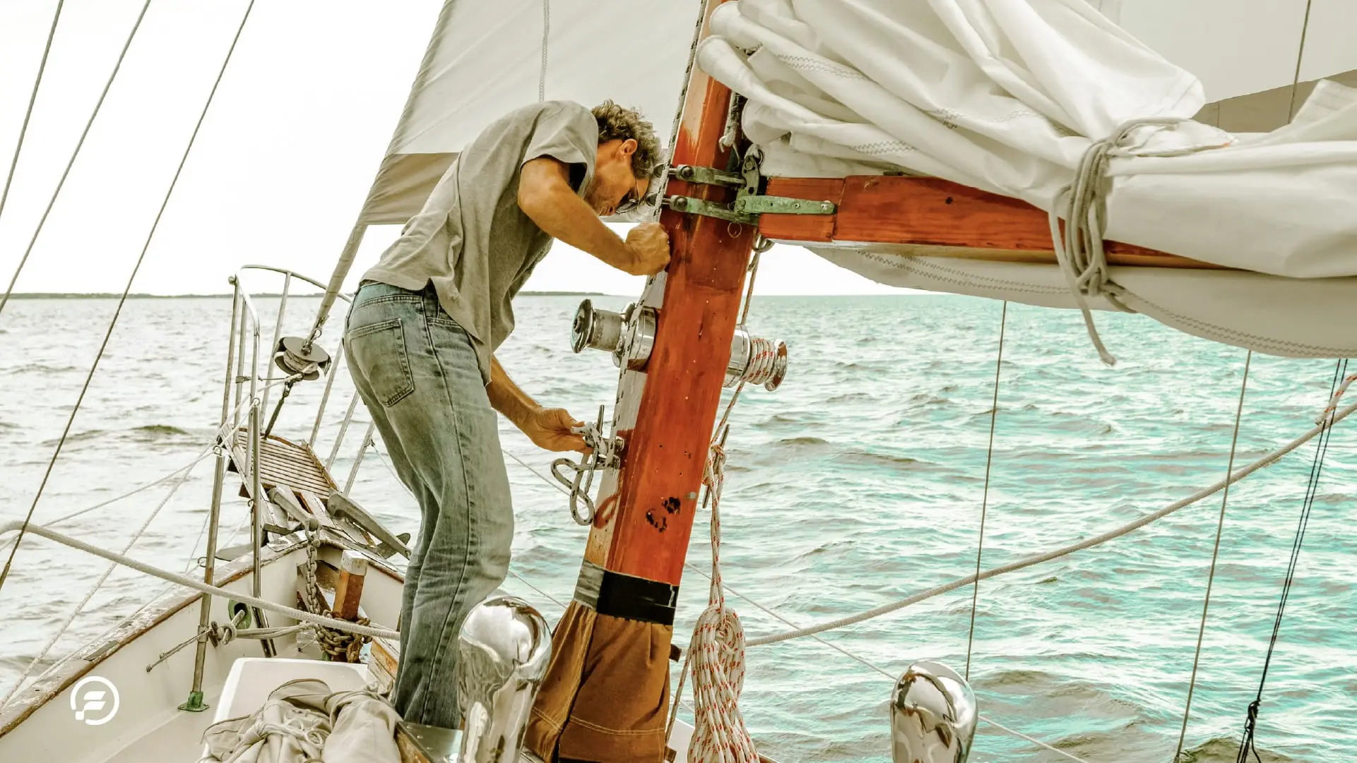 A man working on the deck of his sailboat