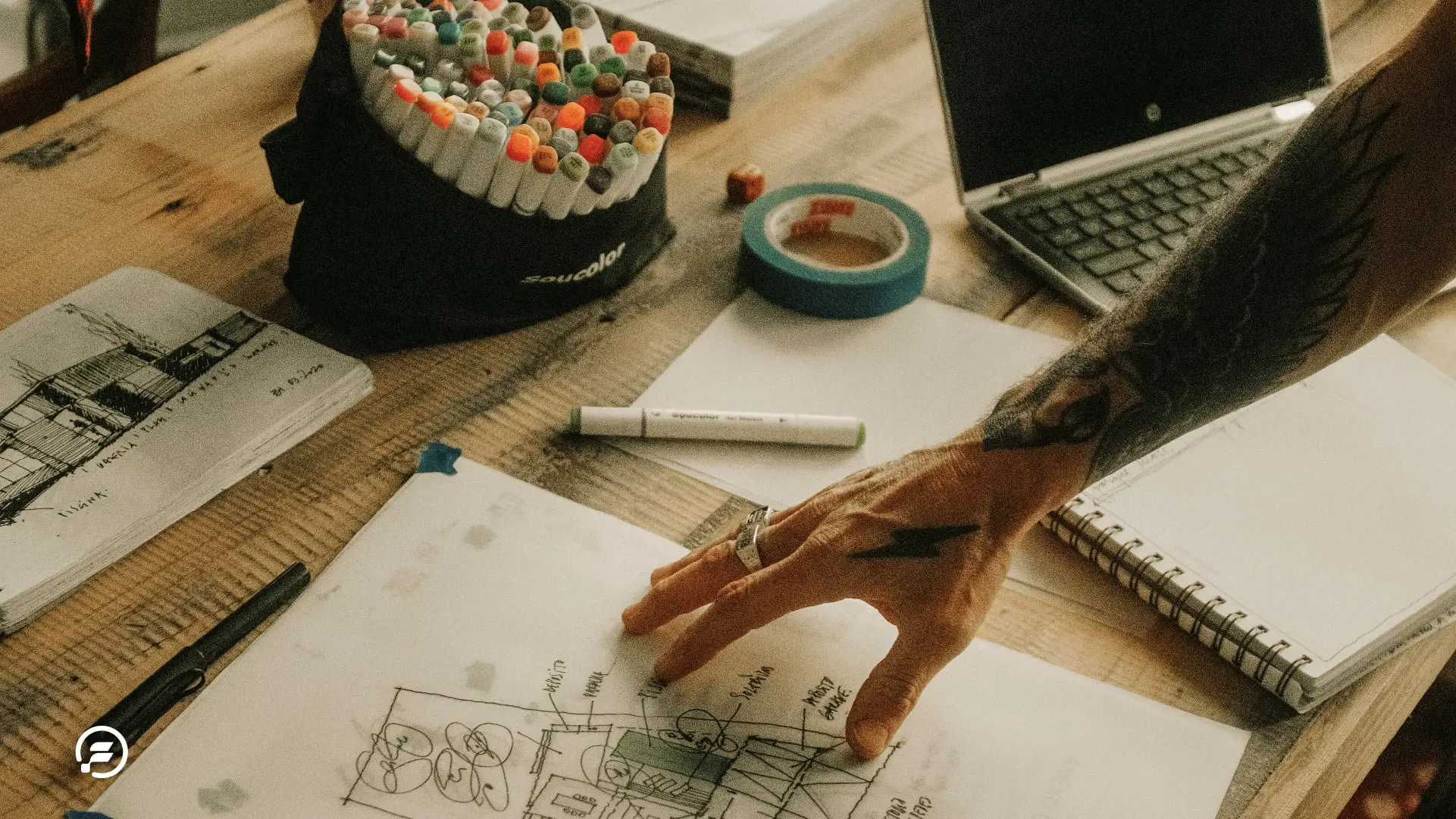 An arm full of tattoos touching a design sketch on a table