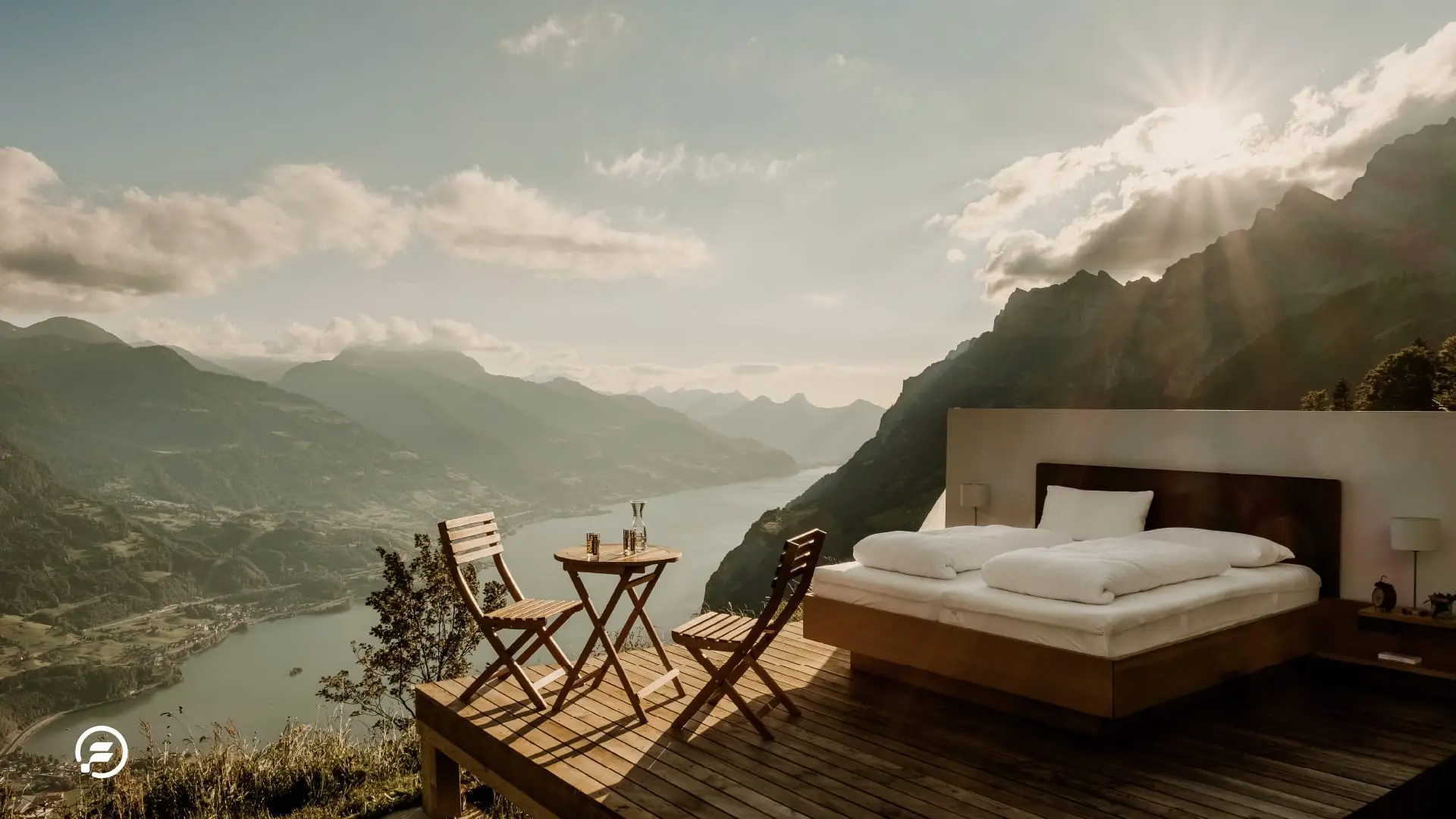 A mountain view with an bed and chairs for the luxurious traveller.