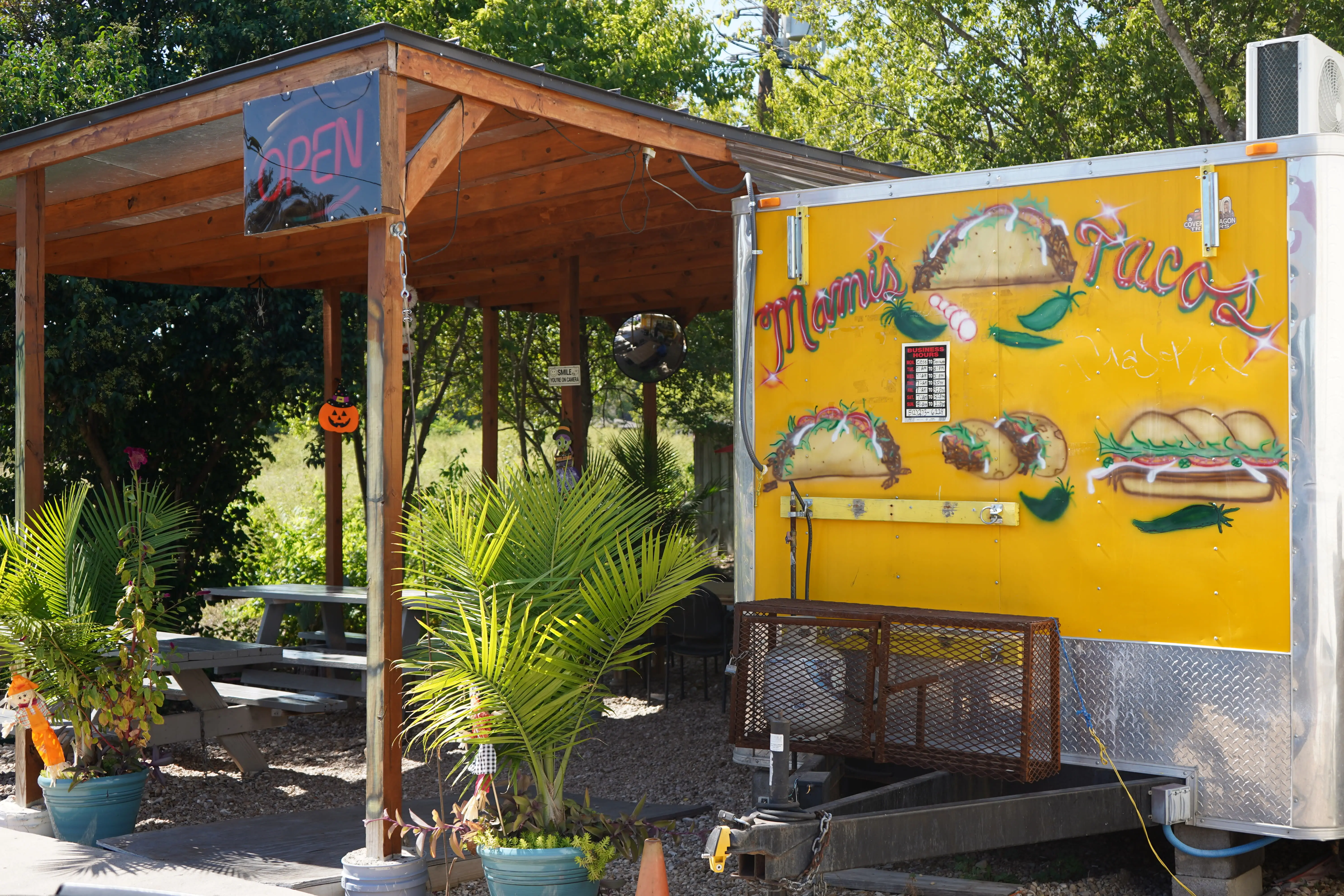 The Mami's Taco food truck with the open sign on.